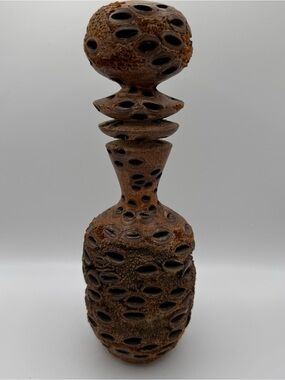 Vintage 1990 Banksia Pod Vase Turned Wood Seed Cone Bottle Studio Art MCM Brutal